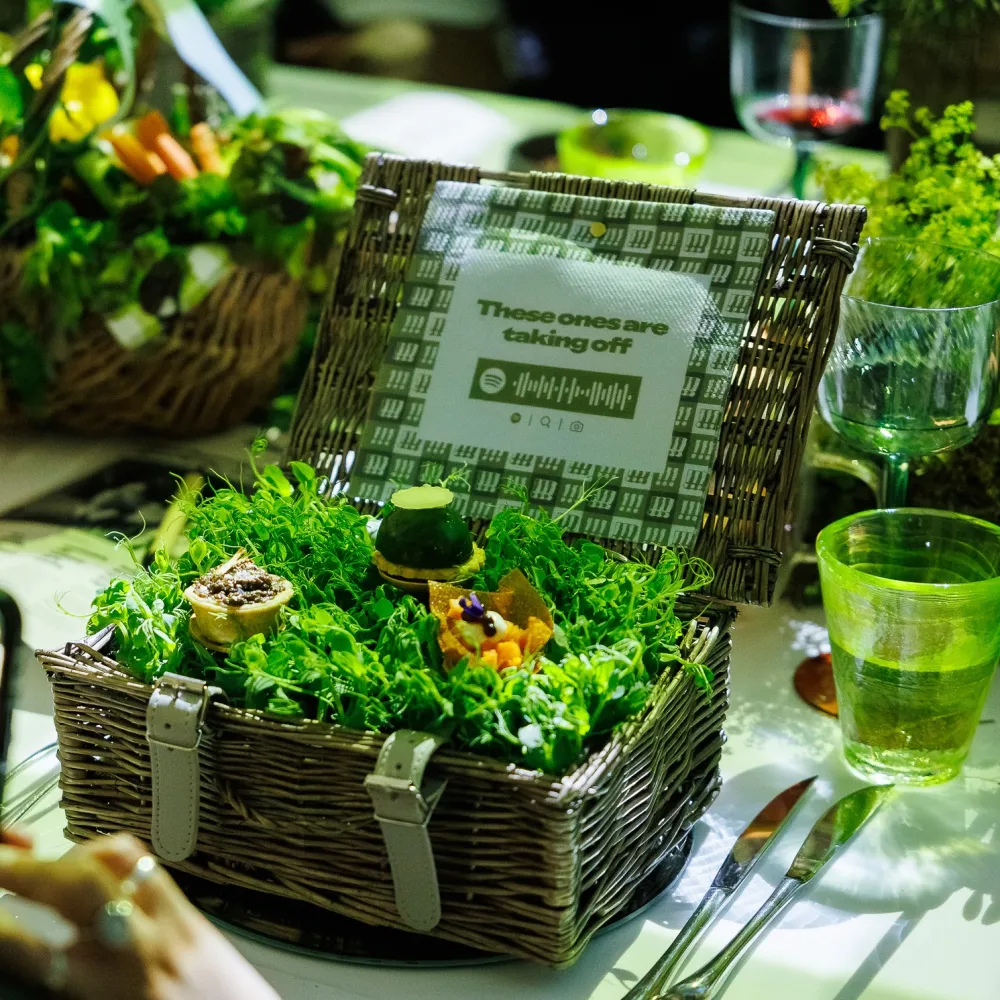 Food in basket with canapés 